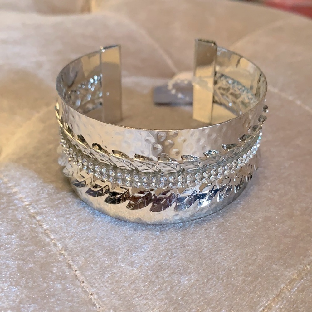 Silver colored cuff bracelet w double crystal rows